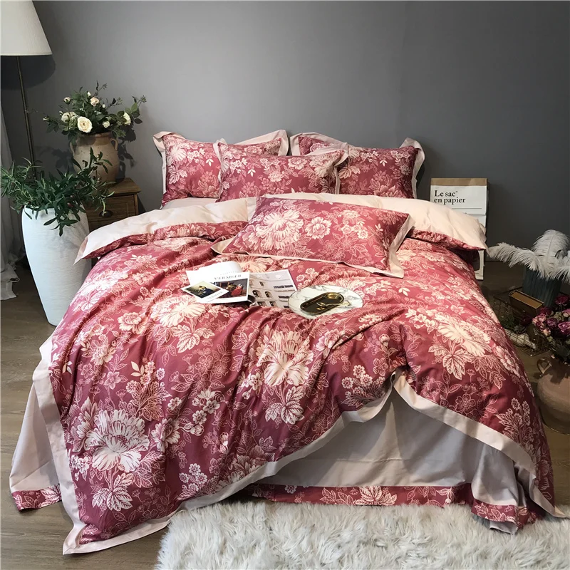 

Chic Asian style Vintage Duvet Cover Set Egyptian Cotton Ultra Soft Bed sheet Comforter cover Queen King size 4Pcs Bedding sets