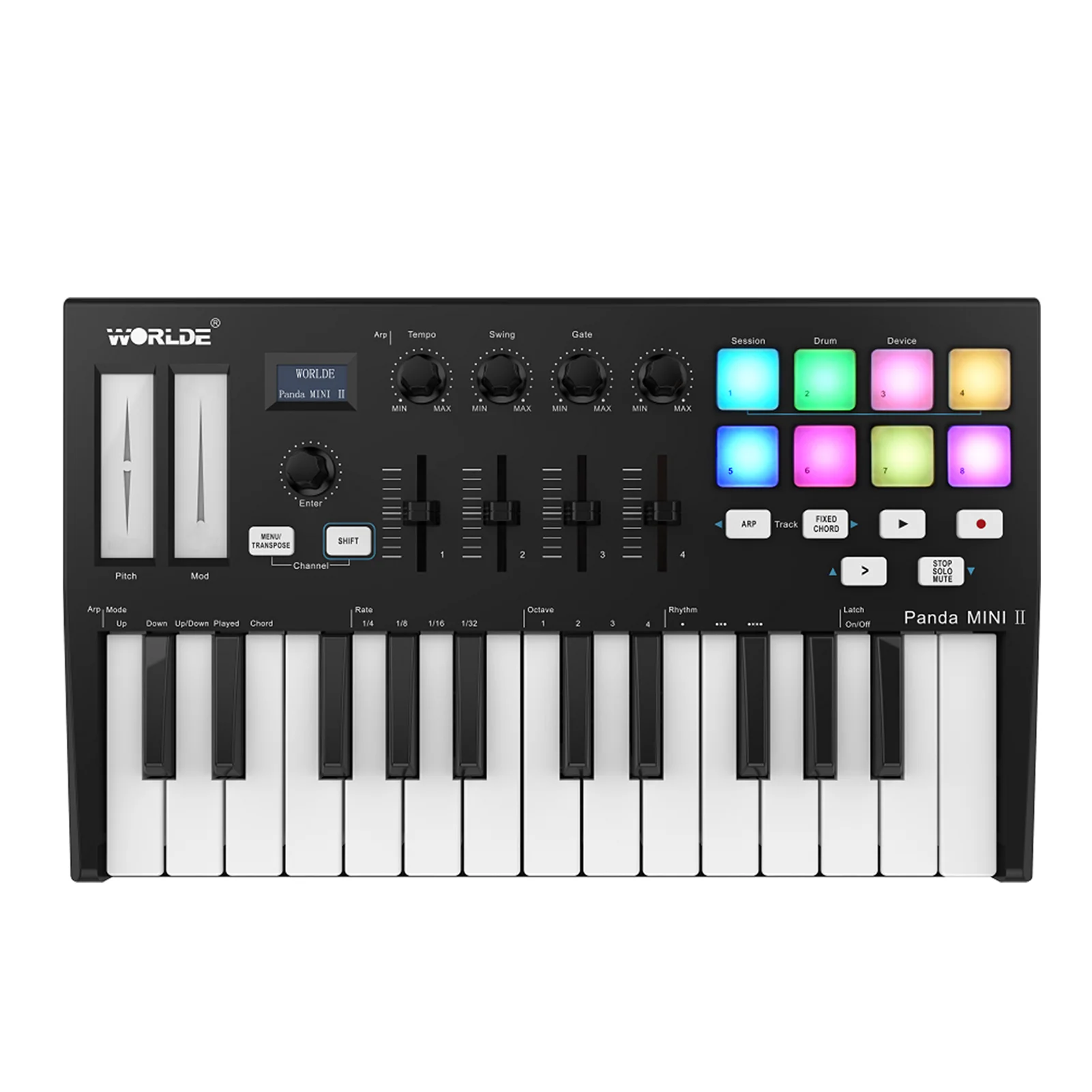 

WORLDE Panda MINI II Portable 25-Key USB MIDI Keyboard Controller with 8 RGB Backlit Trigger Pads 4 Control Knobs 4 Sliders