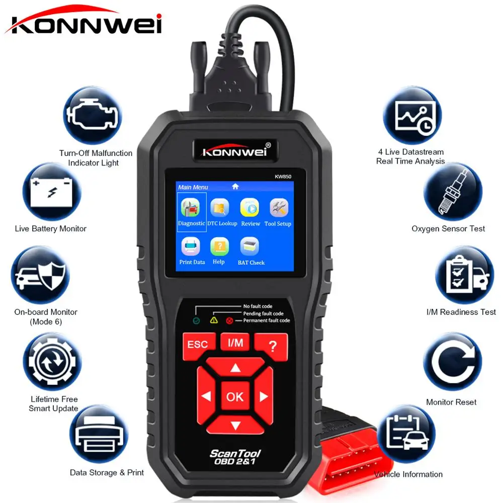 KONNWEI KW850 OBD2 автоматический диагностический сканер универсальный OBD Автомобильный диагностический инструмент ODB2 проверочный двигатель автомобильный код считыватель черный