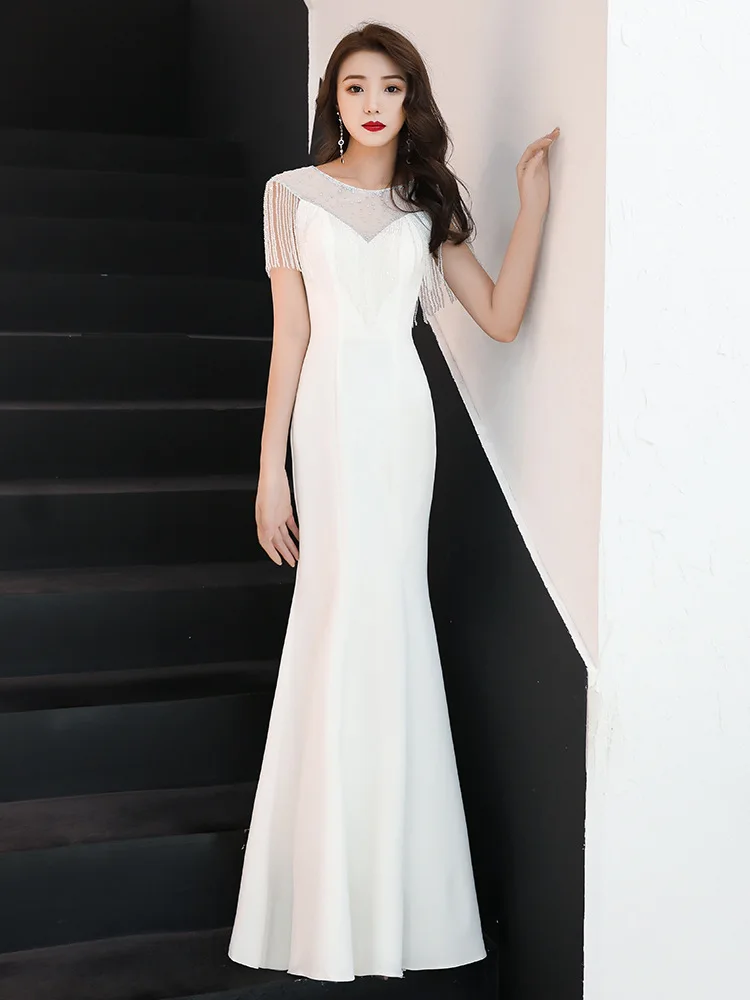 

White Evening Dress 2020 Autumn New Banquet Noble Annual Meeting Atmosphere Queen Long Model Host Mermaid Dress