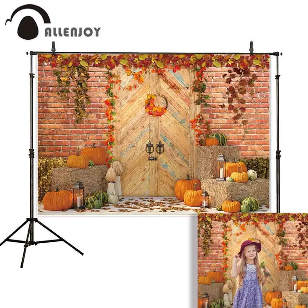 Фон Allenjoy для фотостудии Осенний клен зрелая Тыква деревянная дверь кирпичная