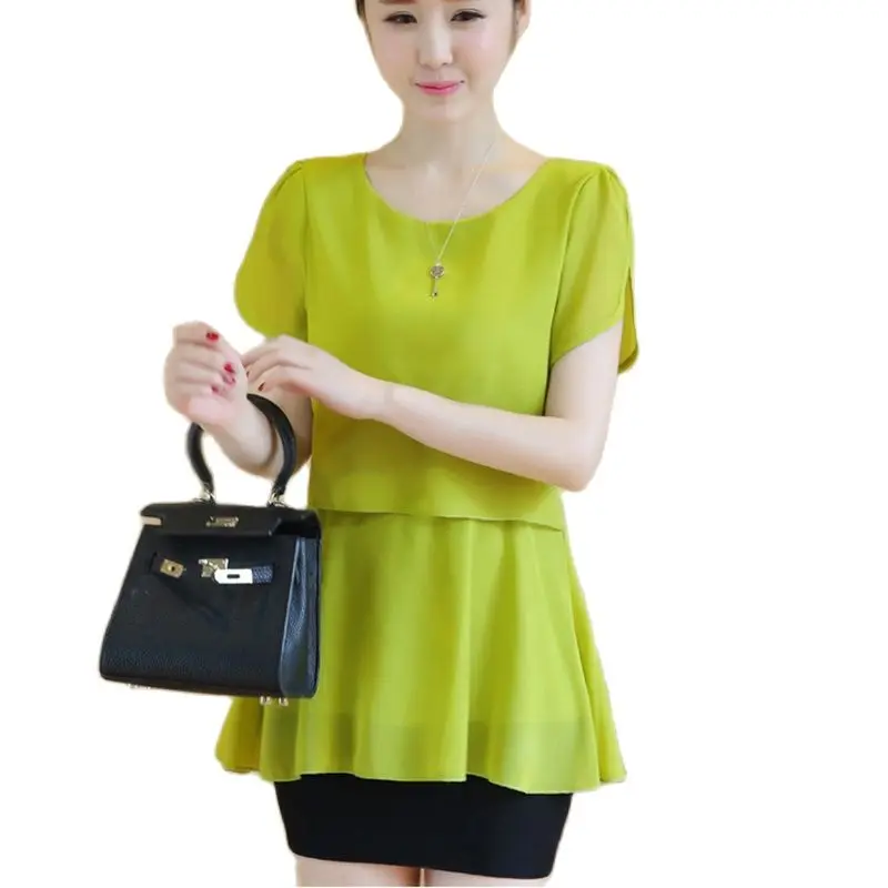 Блузка женская шифоновая с коротким рукавом и круглым вырезом размеры до 5XL |