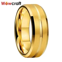 8mm gold tungsten wedding bands for men women grooved brushed finish with bevel edges comfort fit