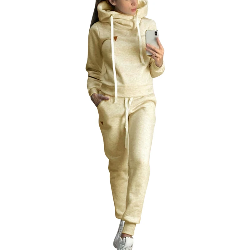 Style 1-Beige Женский комплект из 2 предметов для бега, однотонный спортивный костюм с капюшоном, одежда для тренировок, повседневные свободные толстовки, костюмы для бега, спортивная одежда - Цвет: Style 1-Beige