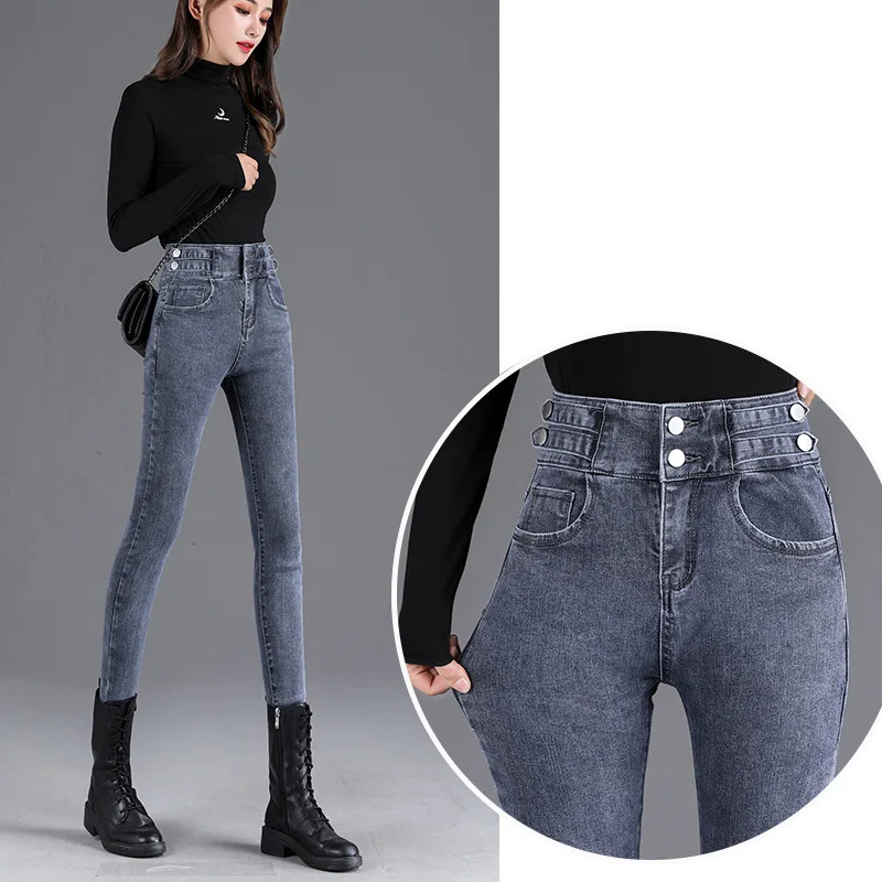 

Женские укороченные джинсы с высокой талией, облегающие эластичные узкие джинсы-карандаш из денима до щиколотки, теплые брюки Y2k на осень и ...