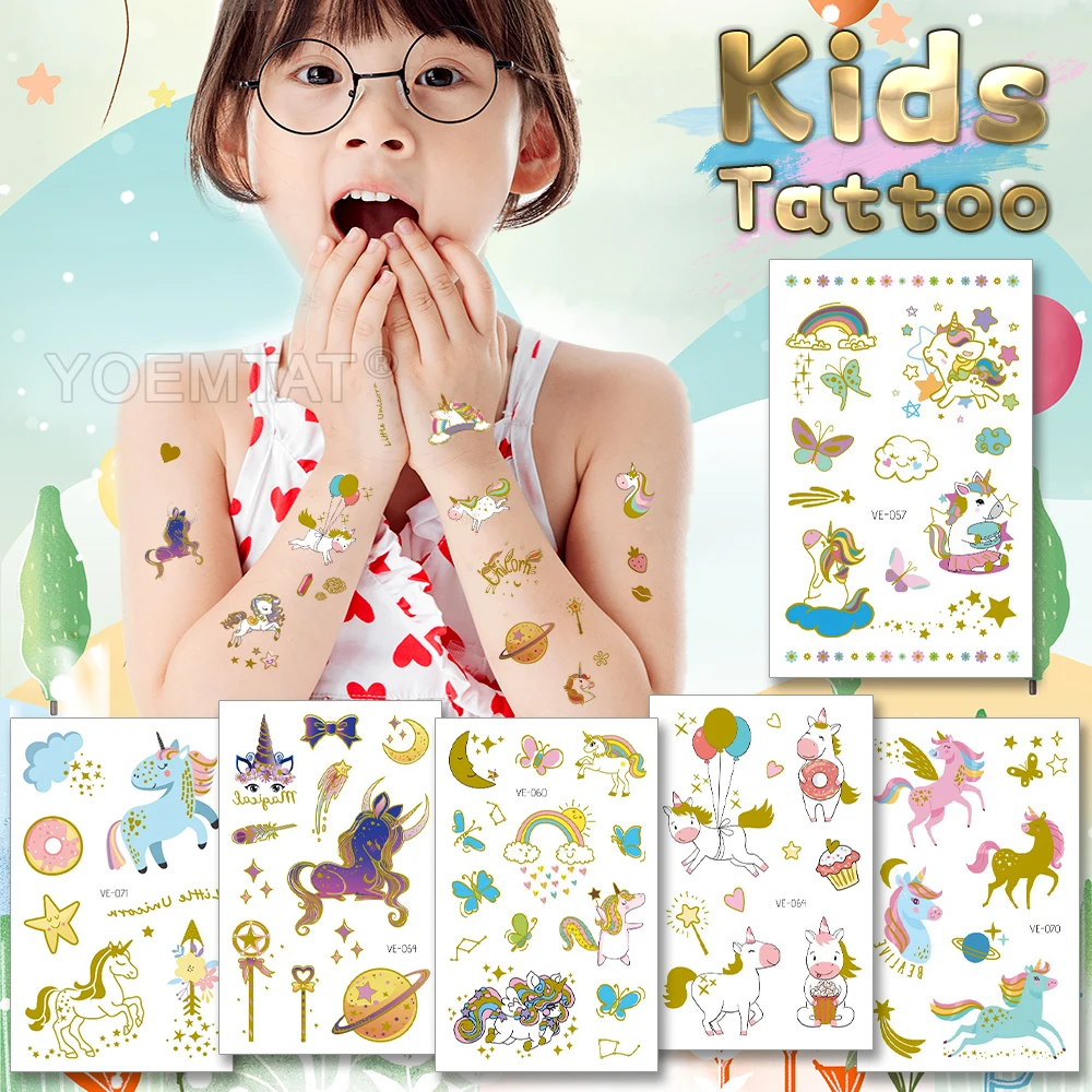 

Cartoon Rainbow Unicorn Child Tattoo Pegasus Animal Cute Golden Glitter Waterproof Temporary Tatoo Sticker Body Art Kids Tatto