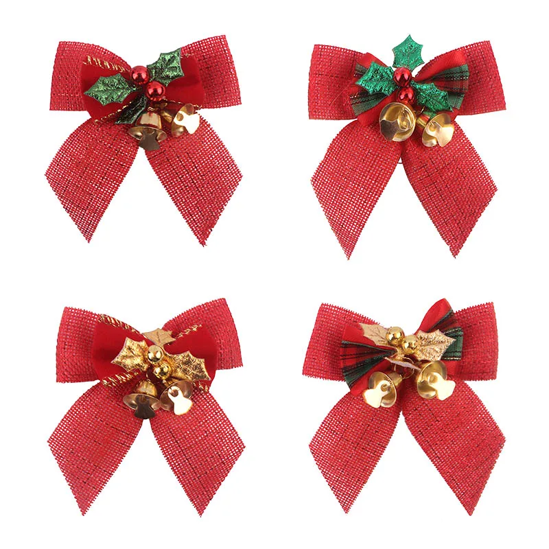 8*8cm Christmas Bow With Mini Bells Christmas Tree Grid Bowknot Ornament for Xmas New Year Party DIY Gift Wrapping Decoration 8z