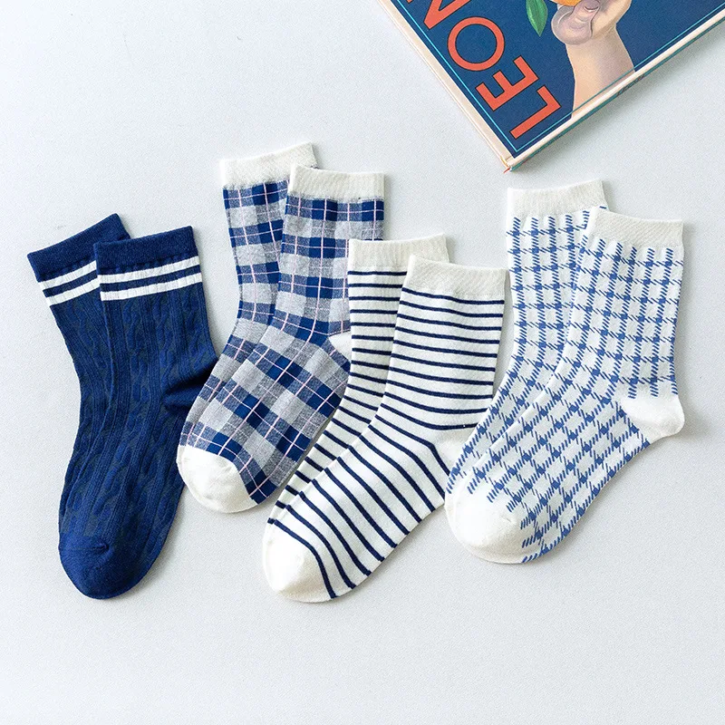 

women socks Geometric lattice cute cartoon New product blue cotton Refreshing and breathable Comfortable socks