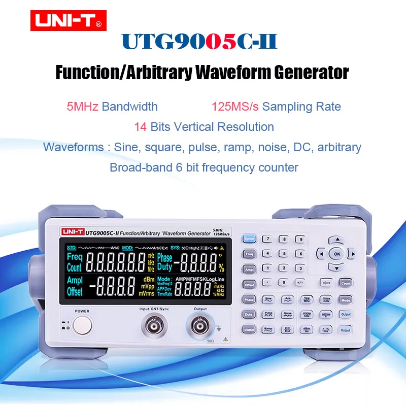 

UNI-T UTG9005C-II Function/Arbitrary Waveform Generator; 5MHz Channel Bandwidth, 125MS/s Sampling Rate, USB Communication