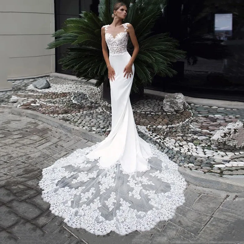 

Fashion Scoop Lace Wedding Dress Mermaid Sexy Sleeveless Wedding Gown 2022 For Bride Backless Train Vestido De Noiva