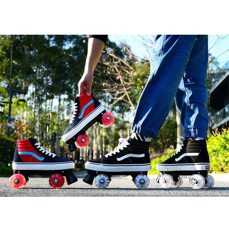

JK Skates Quad Roller Skates Unisex Canvas Double Line Skates Adult Kid Two line Skating Shoes With LED PU 4 Wheels Rollerblade