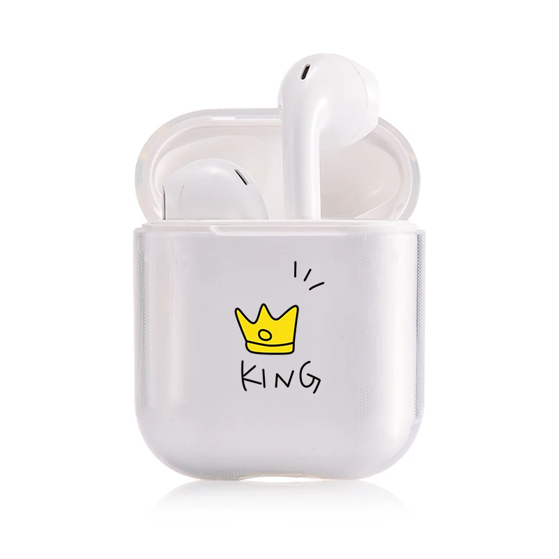 Милое воздушное стручки чехол для Apple airpods Чехол класса люкс King queen Корона Bluetooth наушники чехол для Airpods 2 прозрачный жесткий поликарбонатный чехол