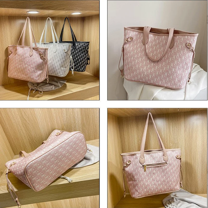 

2021 New Fashion Black Pink White Canvas Women's Large-capacity Versatile Commute One-shoulder Son-Mother Tote Bag