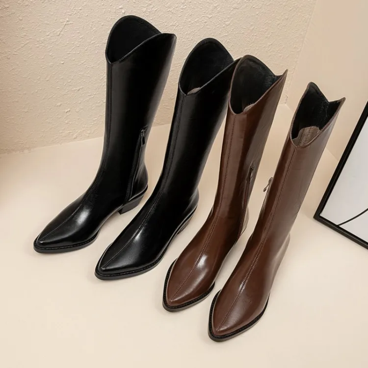 

MLJUESE 2021 women Knee-High boots Cow leather Winter short plush Pointed Toe High heels female Western boots size 40