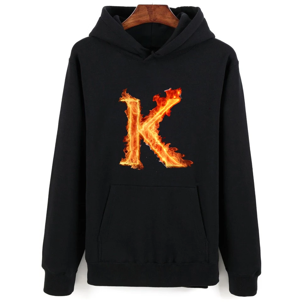 

Толстовка с надписью K для мужчин и женщин, Модный спортивный пуловер с длинным рукавом и карманами, свитшот с принтом пламени, крутые детски...