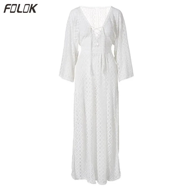Женское длинное пляжное платье с кружевным поясом накидка на бикини купальник