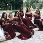 Платье подружки невесты с длинным рукавом, бордовое шелковое атласное платье со шлейфом и блестками, кружевные платья подружек невесты для свадебной вечеринки
