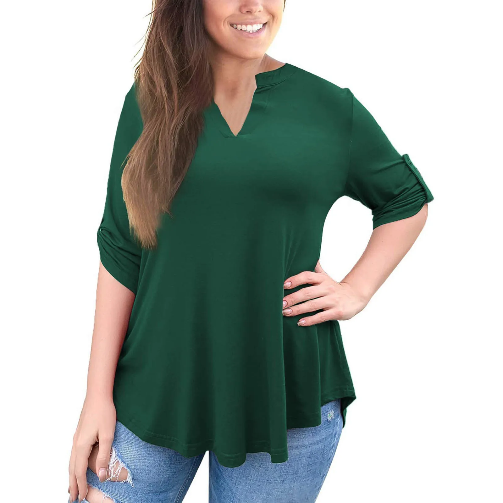 

Women Solid Short Sleeve Top Blouse Shirts 2021 Summer Casual Roll Sleeve Loose Tops Lady Fashion V-Neck Blusa Blouses Tunic