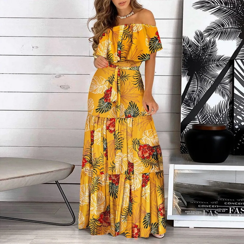 

Boho Leopard Print Long Dress Ruffle Slash Neck Short Sleeve Maxi Sundress Bohemian Women Summer Sexy Casual Elegant Vestido