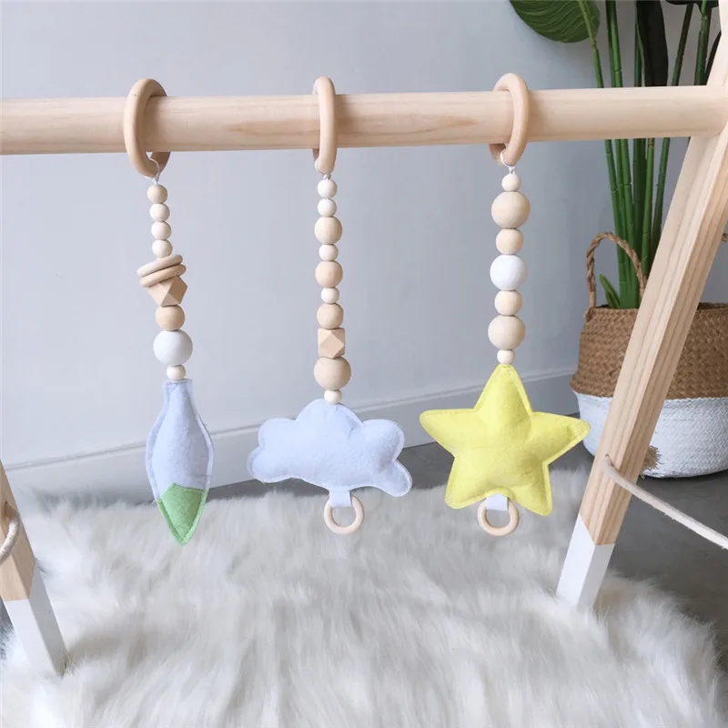 Nordic Wooden Beads Nursery Beads Wall Ornaments With Felt Star Tent Hanging Pendant Baby Rattle Stroller Play Gym Toy Decor