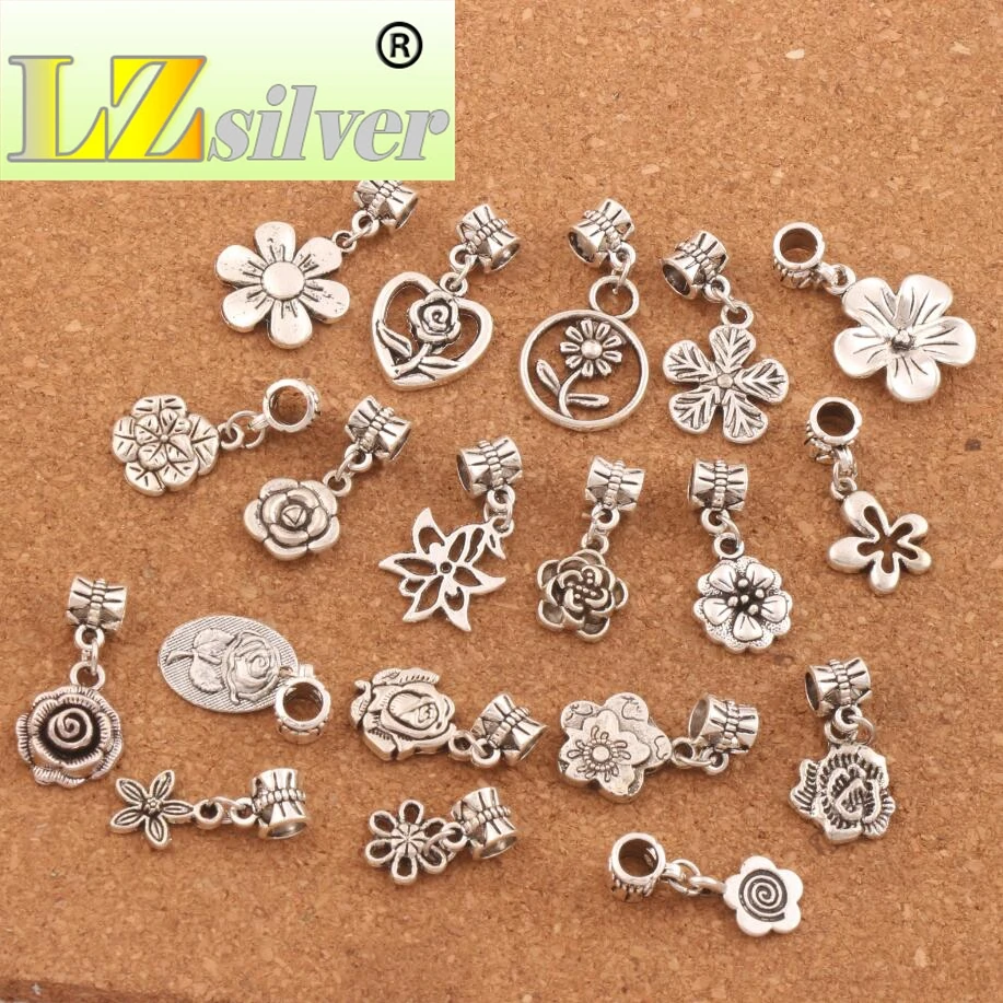 Flowers Dangle Alloy Big Hole Beads 190pcs Zinc Alloy Fit European Charm Bracelet Jewelry DIY BM55