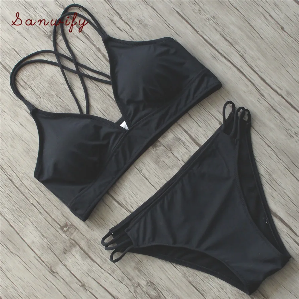 

Plus Size Bikinis Swimwear Swimsuit Women Bikinis Set Black Bathing Suit Padded 2018 Halter Beachwear Swimming Suit S