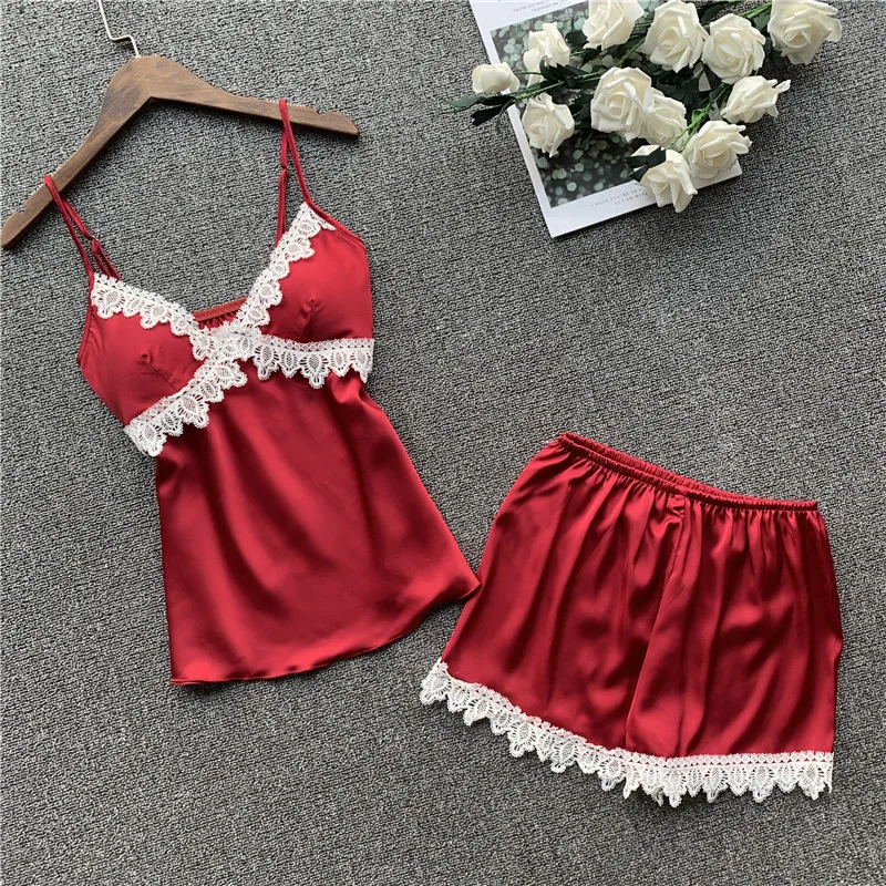 Кружевной сексуальный пижамный комплект Атласный Женский камзол шорты из 2