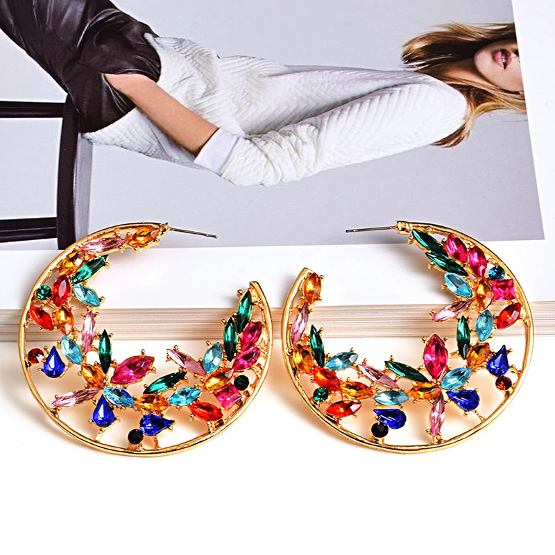 Винтажные круглые висячие серьги с цветными кристаллами металлические