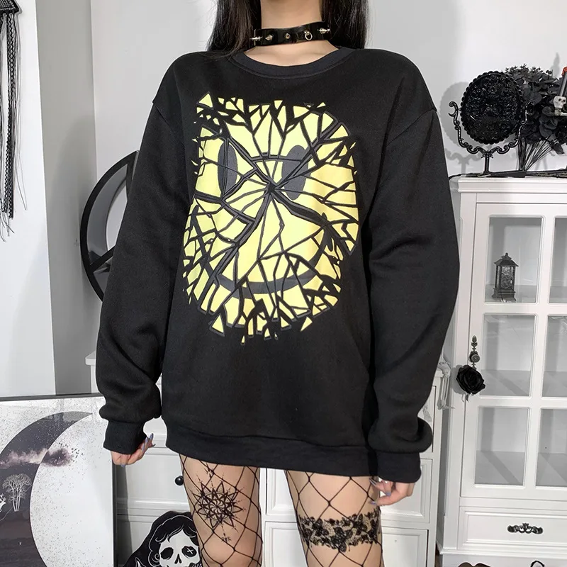 

Goth Black Sweatshirt Woman Clothes Harajuku Long Sleeve Top Autumn Pulovers Punk Graphic Print Oversized Hoodie
