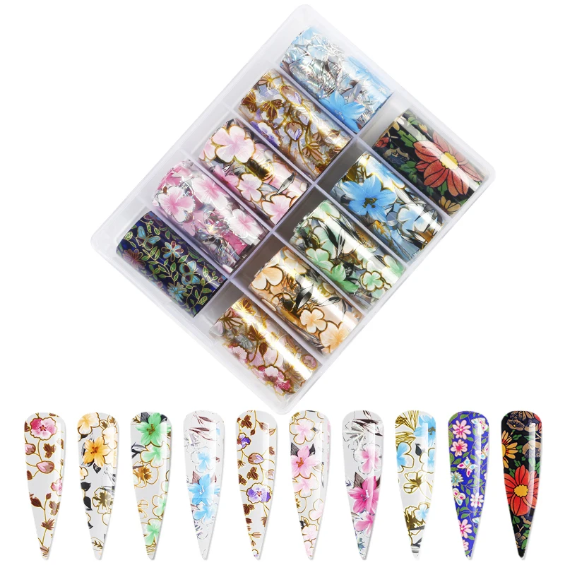 

Floral Nail Foil,1Box 10Rolls Nail Foil Transfer/Summer Blossom Heart Kisse/Rose Nail Foil Sticker/10Pcs -100X4 (Flower Pattern)