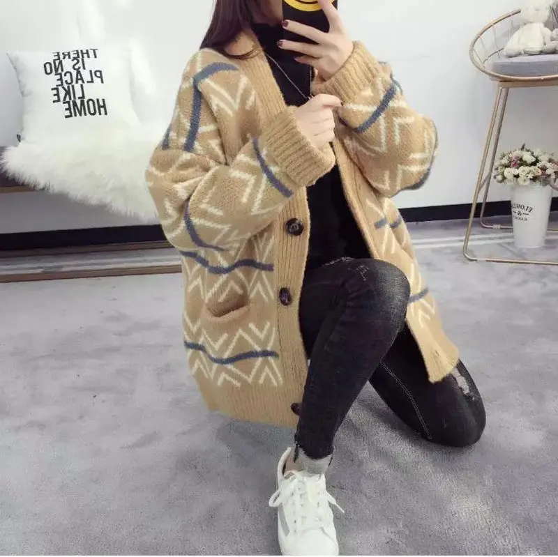 Повседневный осенне-зимний 2019 вязаный женский кардиган большого размера