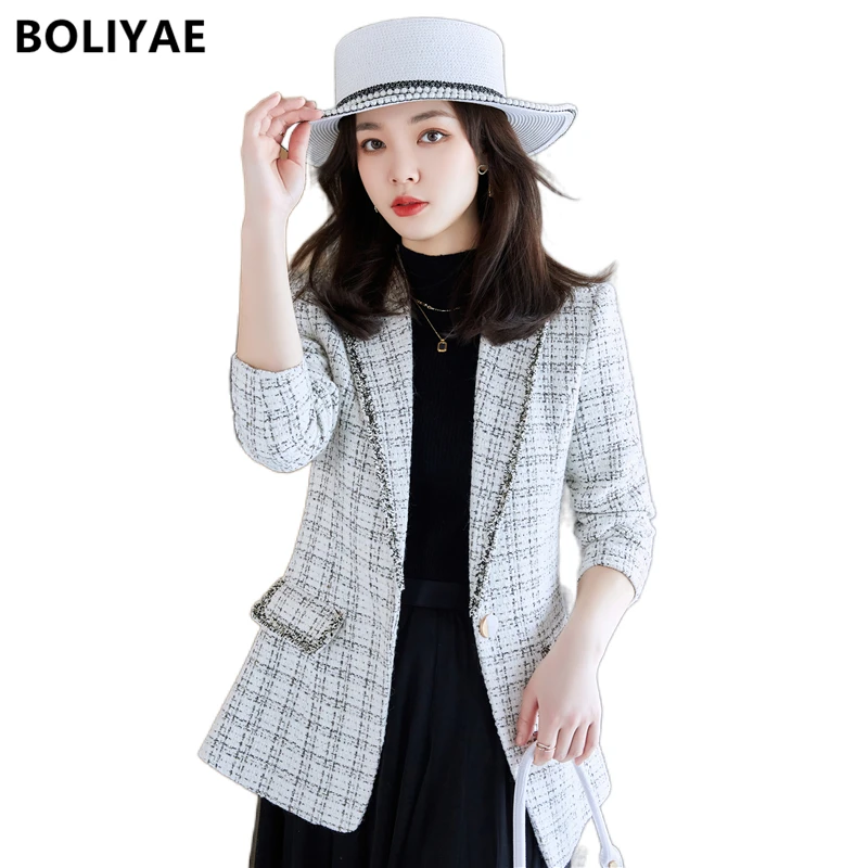 Boliyae Autumn Winter New Suit Coat Women Fashion Tweed Plaid Wool Jacket Casual Long Sleeve Outerwear Elegant Blazers Chic Tops