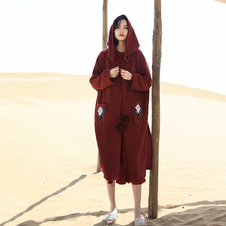 Богемный вдохновленный цвет красного вина длинные женские шерстяные кофты с