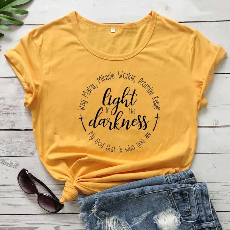 

Light In The Darkness T-shirt Unisex Short Sleeve Church Christian Tshirt Casual Women Graphic Inspirational Bible Quote Top Tee