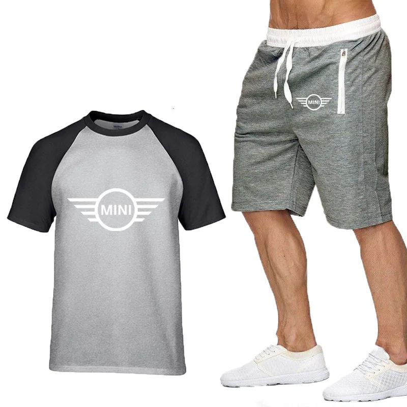 

New 2020 Summer Men's short sleeve MINI Logo printing Solid color High Quality Cotton Mens T-Shirt+Pants Suit 2Pc