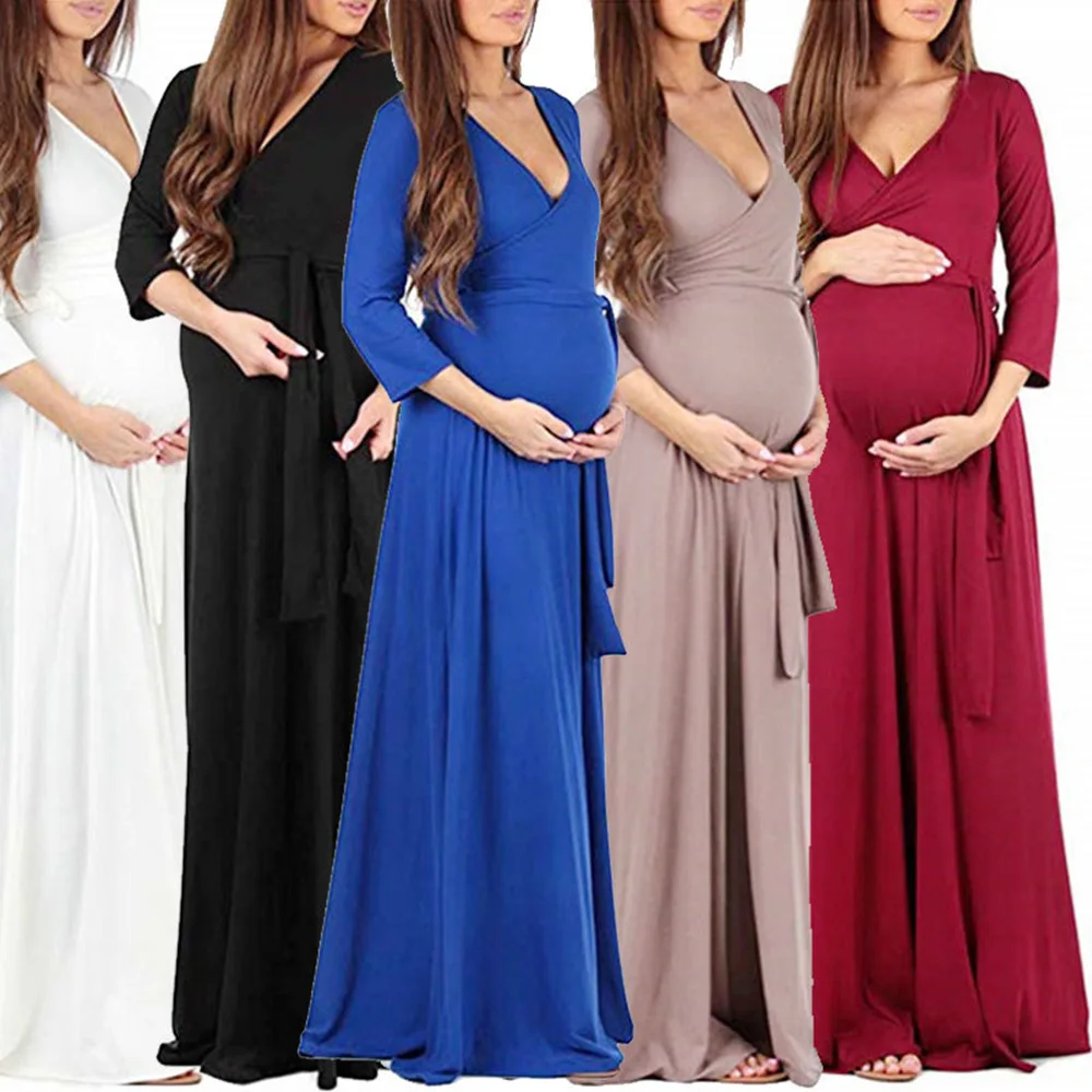 

Maternity wearCross deep V-neck belt waist three-quarter sleeves mopping the floor maternity dress long skirt