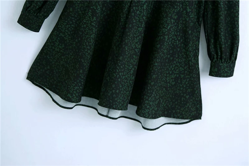 

Vintage Women Green Print Dresses 2020 Fashion Ladies Ruffles Stand Collar Dress Elegant Female Streetwear Button Mini Dress