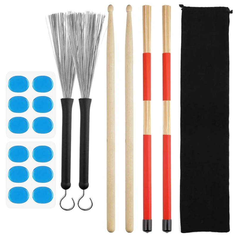 

Набор деревянных барабанных палочек, щетки для барабанной проволоки, выдвижные барабанные палочки, 12 барабанных демпперов, сумка для хране...