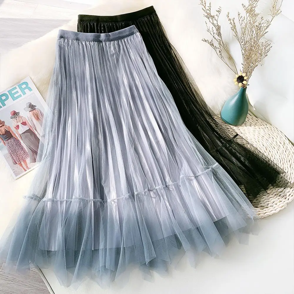 

Black Pink Women Long Pleated Skirt VD2022 High Waist Irregular Summer Tulle Mesh Skirt