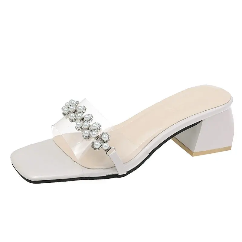 

Female Shoes String Bead Square heel Shallow Med Ladies' Slippers Luxury Slides 2021 Block Designer Soft PU Rubber Hoof Heels