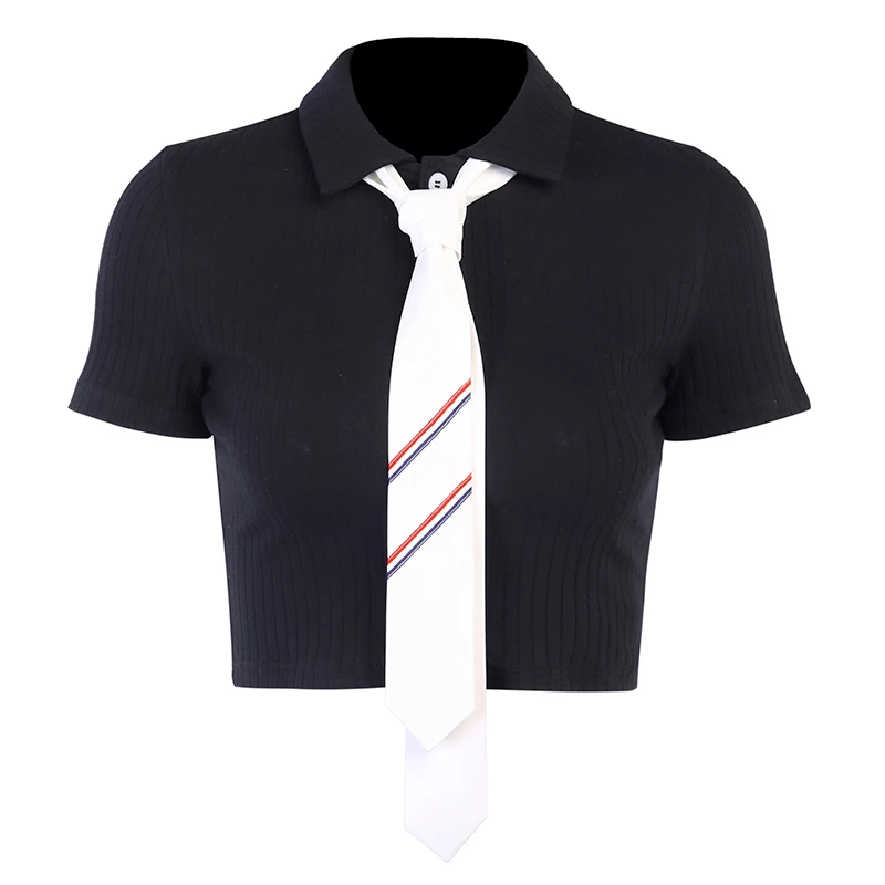 InsGoth винтажные однотонные черные облегающие рубашки поло для женщин Harajuku уличная