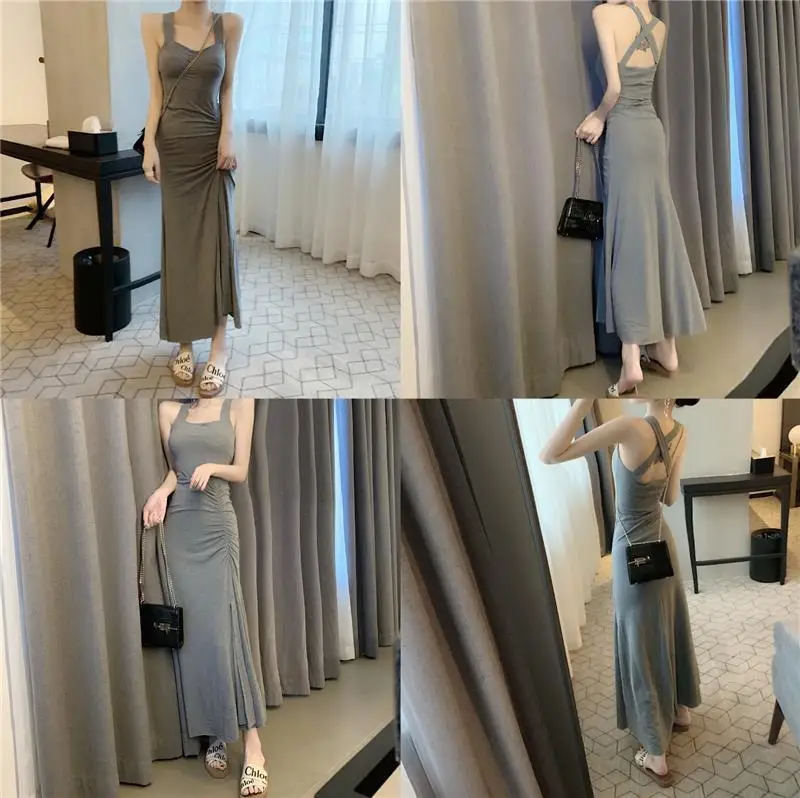 

2020 Women Summer Sleeveless Solid Dress Off Shoulder Folds High Waist Elegant Midi Dresses Female Fashion Black Sexy Dress Y199