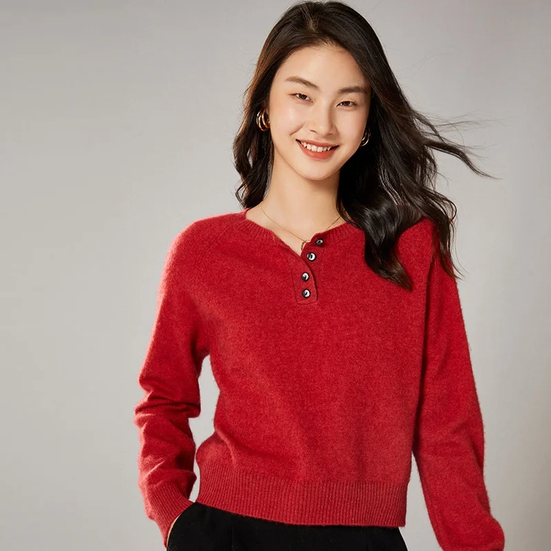 

Autumn And Winter Round Neck Pure Wool Pullover Women's Short Loose Knit Sweater Casual Style Buttoned All-Match Bottoming Shirt