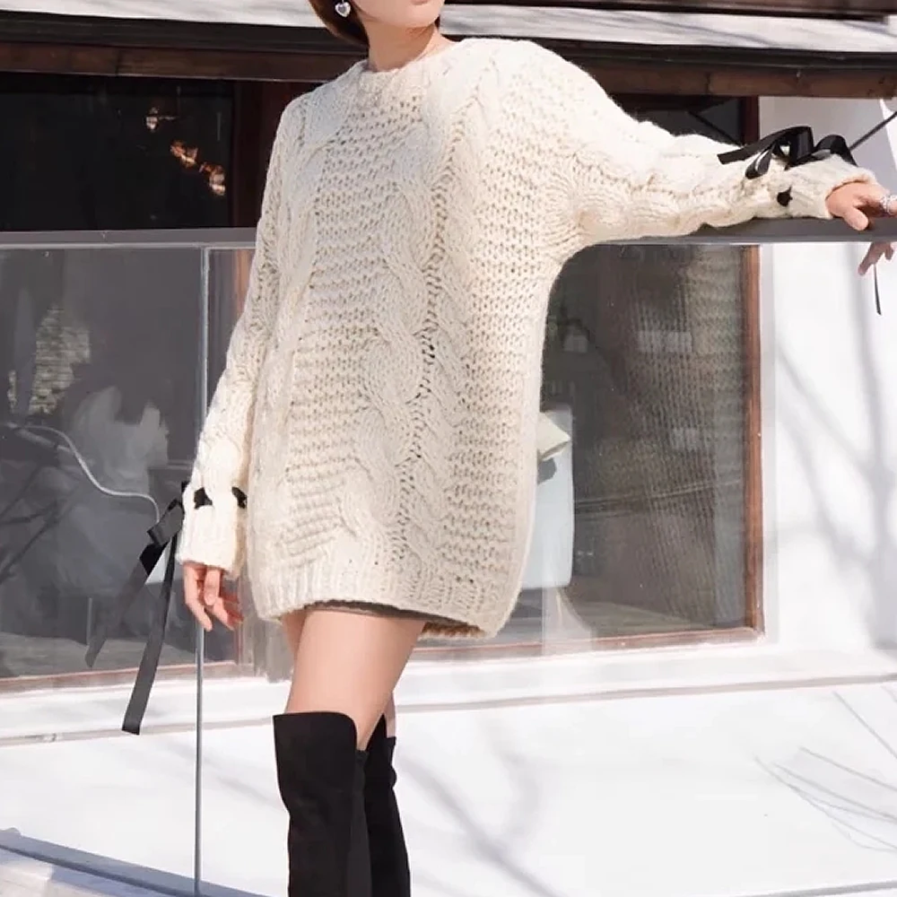 

Свитер женский оверсайз на шнуровке, милый облегающий ажурный джемпер с дырками, Свободный пуловер в стиле Харадзюку, уличная одежда, осень