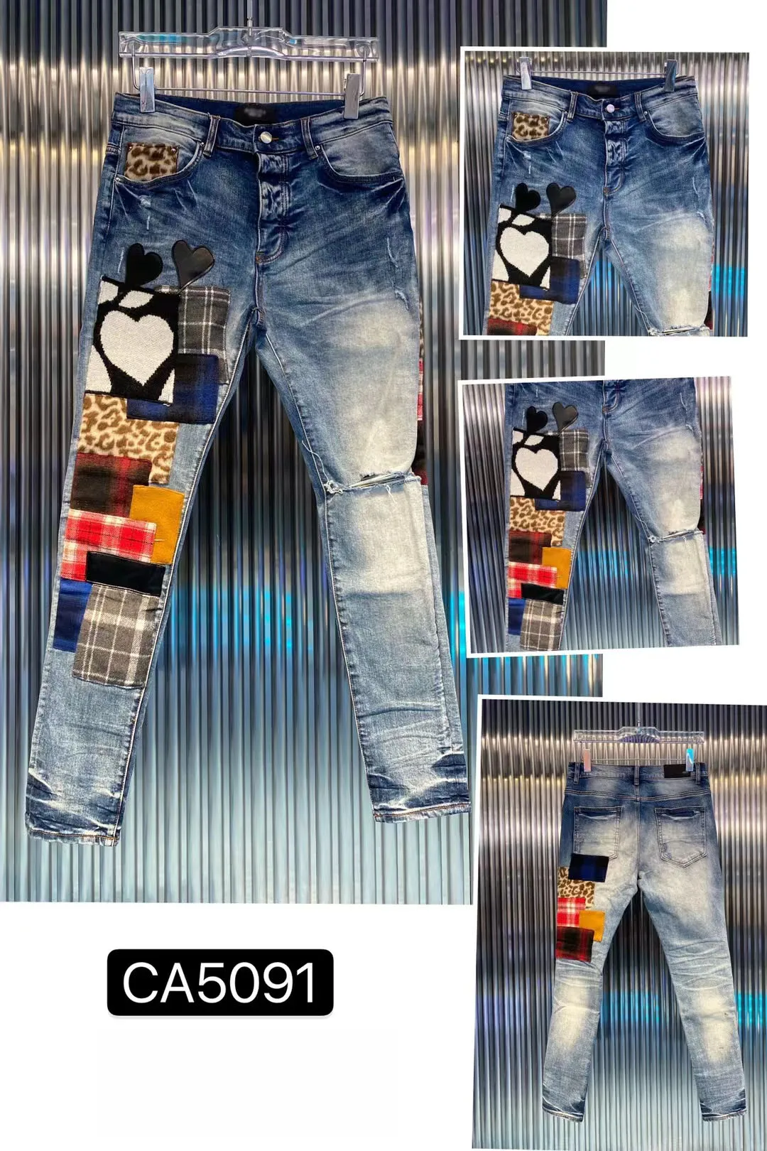 New Brand Men's 2021 AM Ripped Blue Leather Star Patched Jeans High Street Jeans For Men Personality Stretch Slim Denim Pants