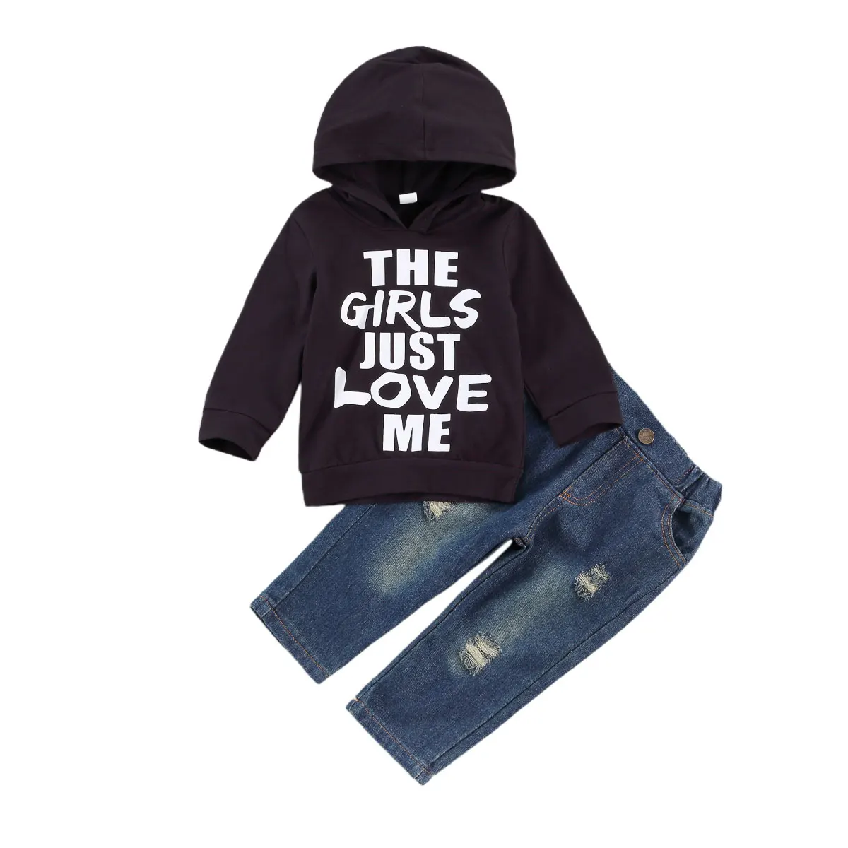 Fall Winter Newborn Kids Baby Boys Tracksuits Sets Letter Long Sleeve Hoodies+Holes Denim Pants Fashion Outfits 0-3Years |