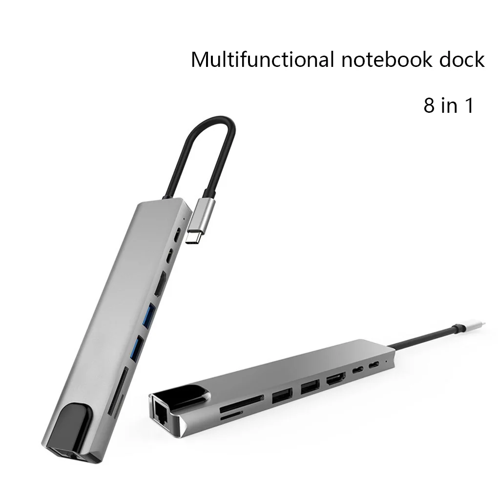 

8 in 1 Aluminum Alloy USB 3.0 Hub 4K 30HZ HD Portable USB-C Adapter Laptop PD Charging SD &TF Card Reader RJ45