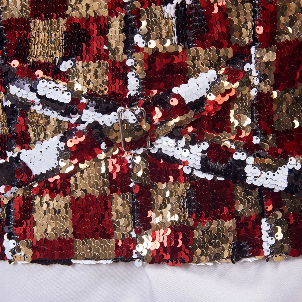 

PYJTRL Brand New Double-sided Colors Red Gold Black White Plaid Sequins Waistcoat Vest Men Gilet Homme Stage Singers Costume