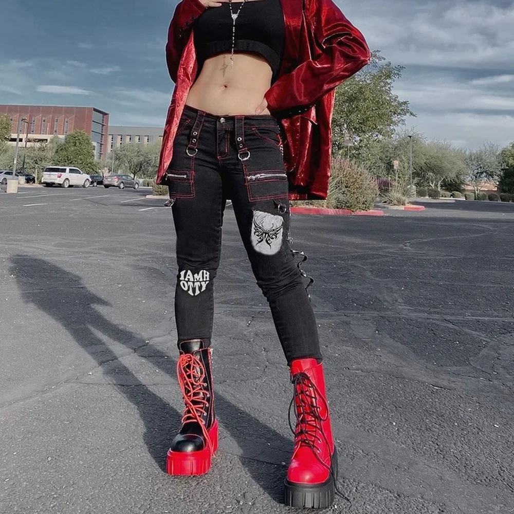 

Streetwear Grunge Punk Style Skinny Low Waist Pants Printed Eyelet Dark Academia Trousers Gothic Clothes Pencil Pants