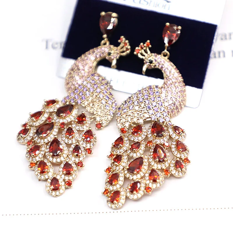 

Fashionable Heavy Industry Micro Inlaid Colorful Zirconium Diamond Peacock Earrings 210317-35